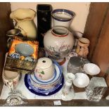 A large quantity of mixed ceramics and glass including vases, plates, tankards, Limoges candlestick,