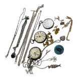 A silver pocket watch and chain, with T-bar and fob, together with two other white metal pocket