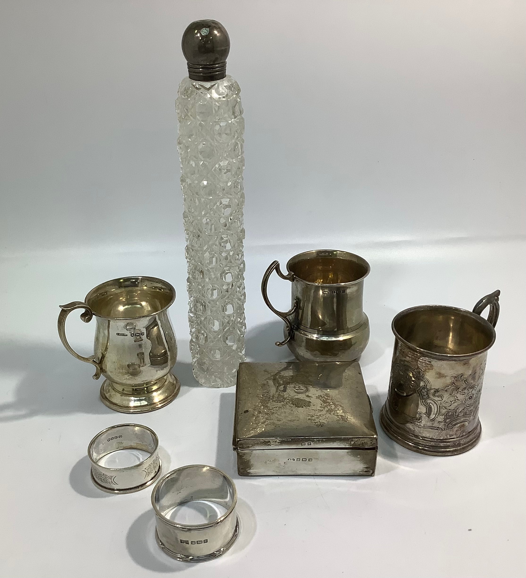 A small collection of assorted silver items including a cigarette box, two small tankards - Image 2 of 2