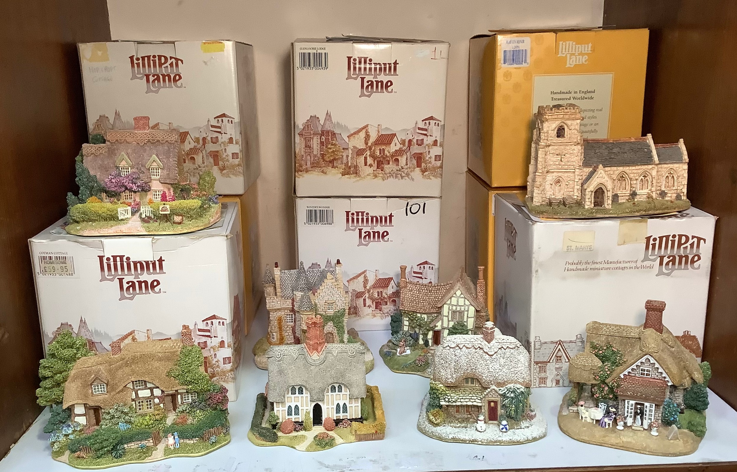 Eight various medium sized hand-painted Lilliput Lane model cottages including ‘Meadowsweet