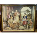 A large 20th century silk and wool woven panel, depicting a scene with hunters, animals and monks,