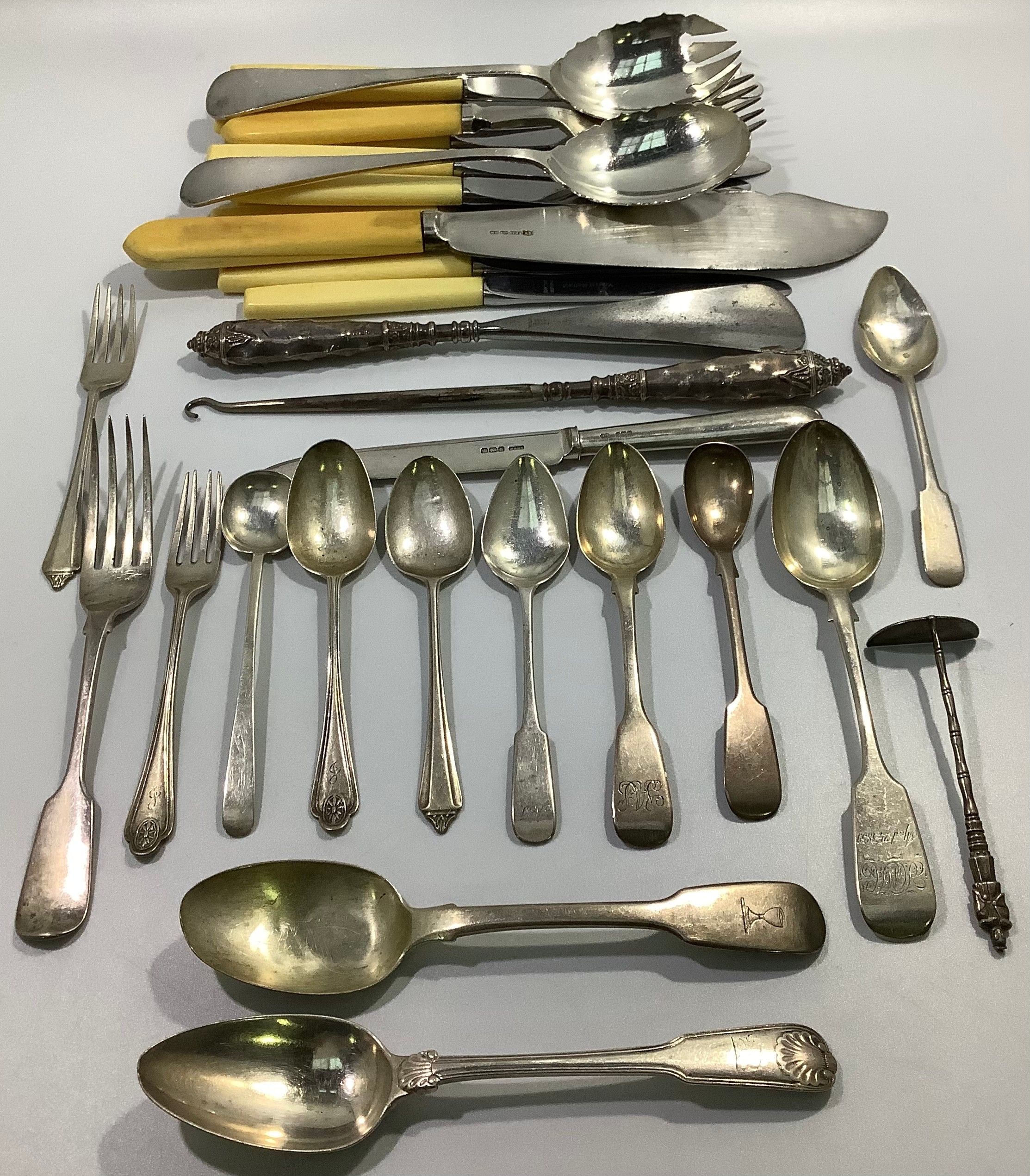 A mixed collection of assorted Georgian, Victorian and later silver flatware including spoons and - Image 2 of 6