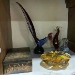 A large Murano colourful glass cockerel, 43cm high, together with an Empoli red glass chicken, a