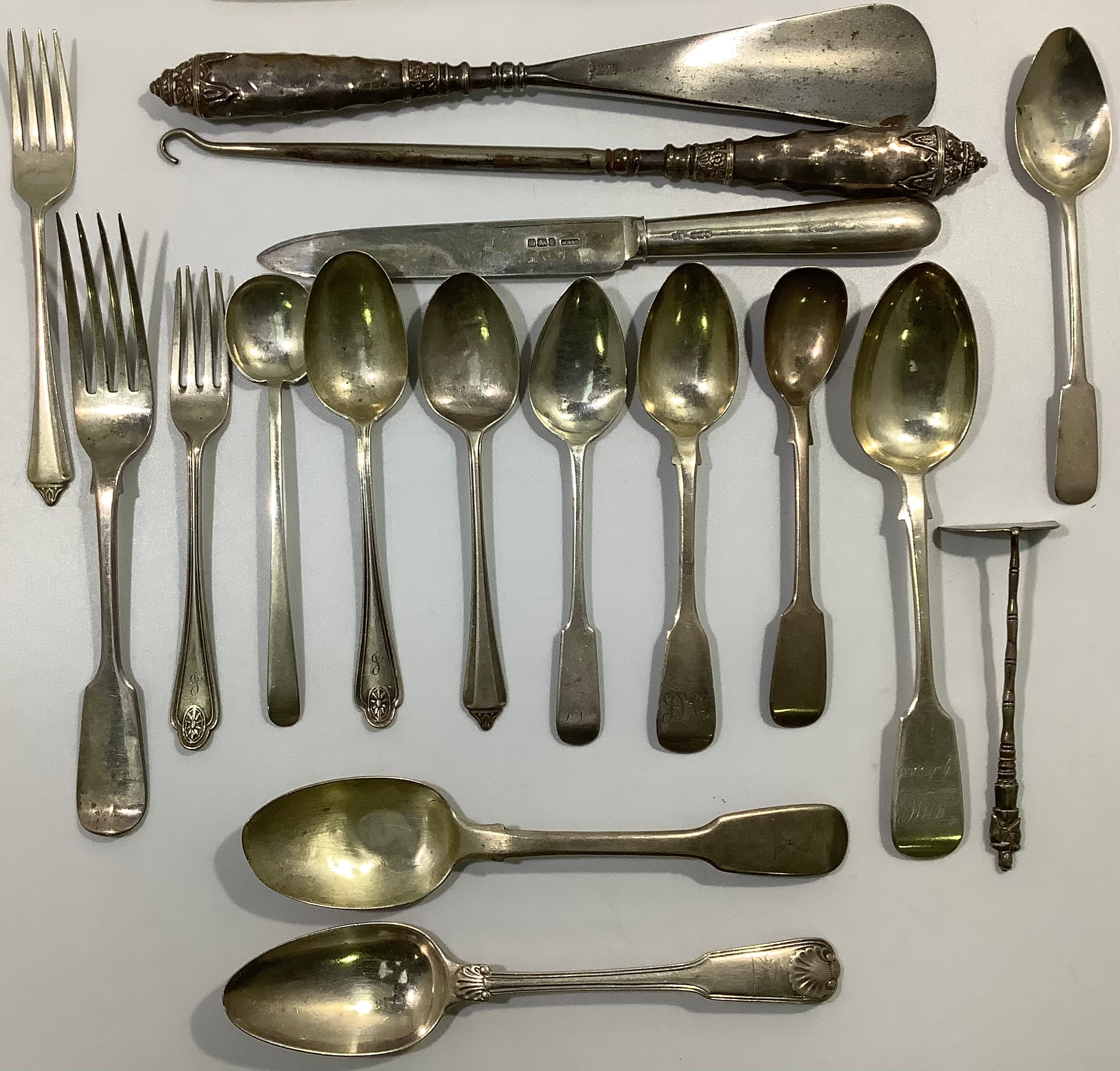 A mixed collection of assorted Georgian, Victorian and later silver flatware including spoons and - Image 4 of 6