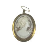 A 9ct gold large oval cameo brooch, 40mm x 30mm, with safety chain, weighs 11.8 grams.
