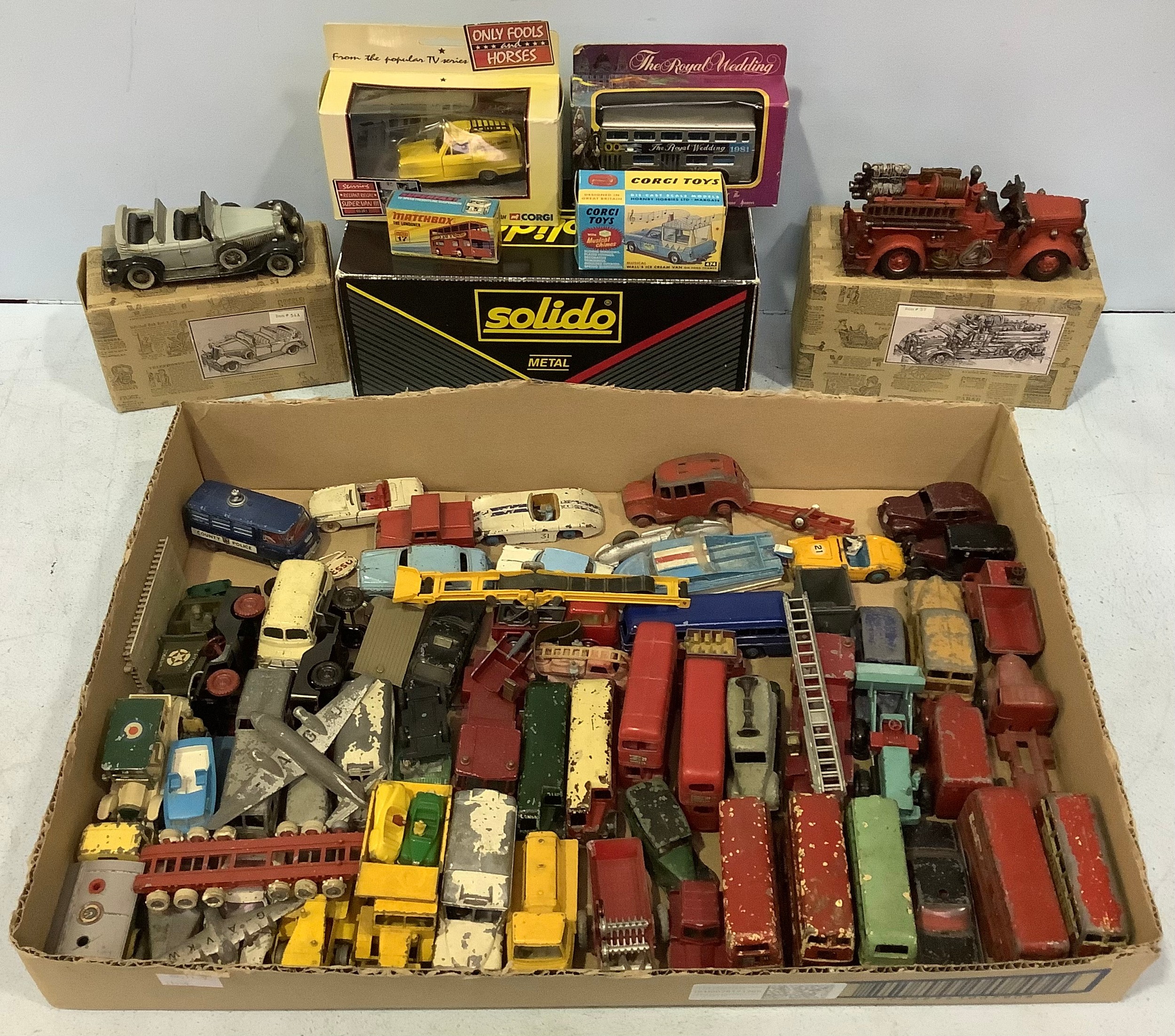 Over sixty various die cast mostly play-worn model vehicles, some boxed, examples from Dinky, Corgi,