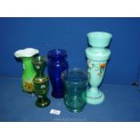 Six vases including Turquoise Opaline slender shape with painted flowers,