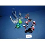 Small glass figures including a trio of musicians, elephant, duck, stork, swan etc, some a/f.