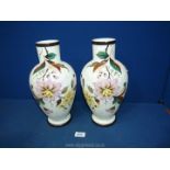 A pair of white floral vases, hand painted, 13" tall (no markings).