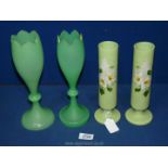 A pair of Opaline light green cylinder vases painted with flowers, 9" tall,