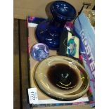 A small quantity of coloured glass including blue vase, Caithness 'Mooncrystal' paperweight,