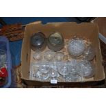 A quantity of glass including bowls (some chips), biscuit barrels, assorted glasses etc.