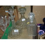 Three cut glass Decanters including Brierley ship's decanter, with stoppers.