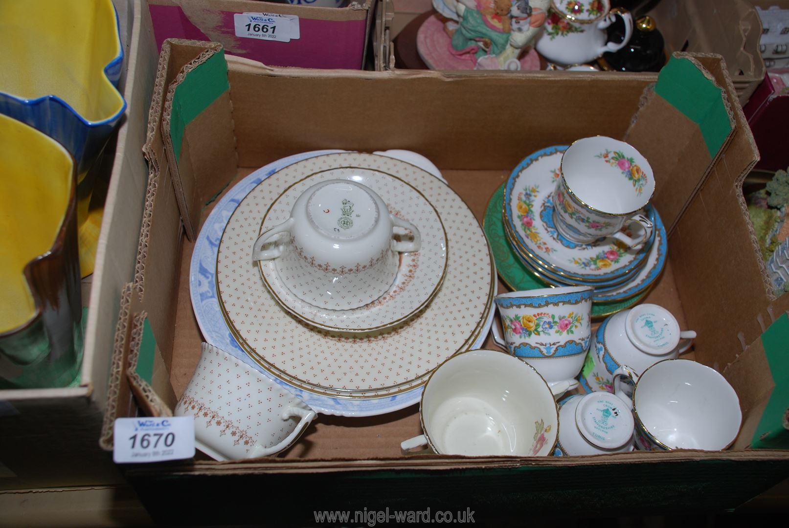 A quantity of Royal Doulton and Crown Staffordshire tea and coffee ware including cups and saucers,