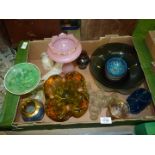 A quantity of coloured glass including pink lustre, smoke bowl, green art glass dish,