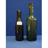 Two old green glass bottles including Whitbread, London and Mew Ross, one with stopper.