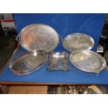 Four epns galleried trays and a rectangular bonbon Dish with handle.