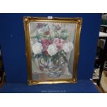 A large still life of pink and white flowers in a good gilt frame