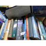 A box of books to include The Frogmen, Spitfire, Hitler's u Boat War, The U2 Affair etc.