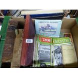 A box of books and magazine including Shakespeare, The Charm of Gardens, The Cricketer magazines,