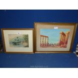 A framed Watercolour depicting Temple Ruins unsigned,