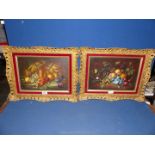 A pair of ornate gilt framed Oils on canvas depicting still life with flowers, fruit and insects,
