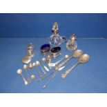 Two epns Kings pattern berry spoons, miscellaneous plated teaspoons, sugar tongs,