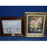 A modern framed Oil on canvas of ladies on the beach, indistinctly signed lower right,