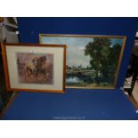 A framed and mounted Print with two heavy horses ploughing with a dog running alongside,