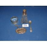 A small quantity of silver items to include; a silver topped scent bottle with cut glass base,