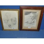 A signed drawing of a baby by Joseph Simpson together with a sheet of pencil studies of a little