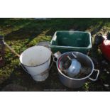 Enamel bucket, kettle, tray and large cooking pot.