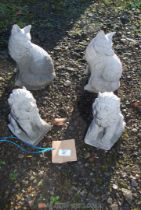 Pair of concrete Foxes, 10'' tall and a pair of seated Lions,
