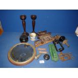 A quantity of Treen including candlesticks, mirror and clock finial, large porcelain door handle,