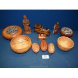 A small box of Treen including eggs, bowls, train etc.