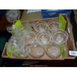 Seven etched possibly champagne glasses, four sundae dishes and two large cream bowls.