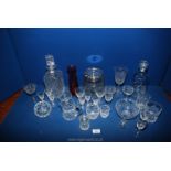 A quantity of glass including a cut glass biscuit barrel, liqueur glasses, milk jug, sugar bowl,