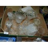 A quantity of mixed glass including a fruit bowl, dishes, candlesticks, etc.