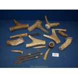 A quantity of horn pieces for walking sticks etc together with an antler handled Hoof Knife.