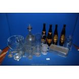 A mixed quantity of glass including four brown/gold decanters, large bowl, two jugs, large decanter,