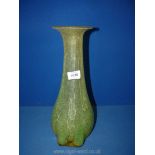 A tall hand blown green crackle glaze vase, 14" tall.