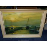 A 1968 signed W.F. Burton Print depicting Harbour at sunset, 33" x 24".