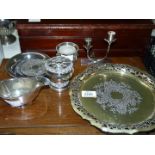 A quantity of plated items including rose bowl, milk jug, coasters, small candelabra, etc.