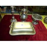 An Epns serving tray and lid, candlestick, Mappin and Webb coffee pot and rose bowl.