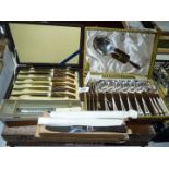 A quantity of cutlery including cased stainless steel knives, cased EPNS George Butler & Co.