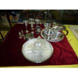 A quantity of plated silverware and goblets, tray etc.