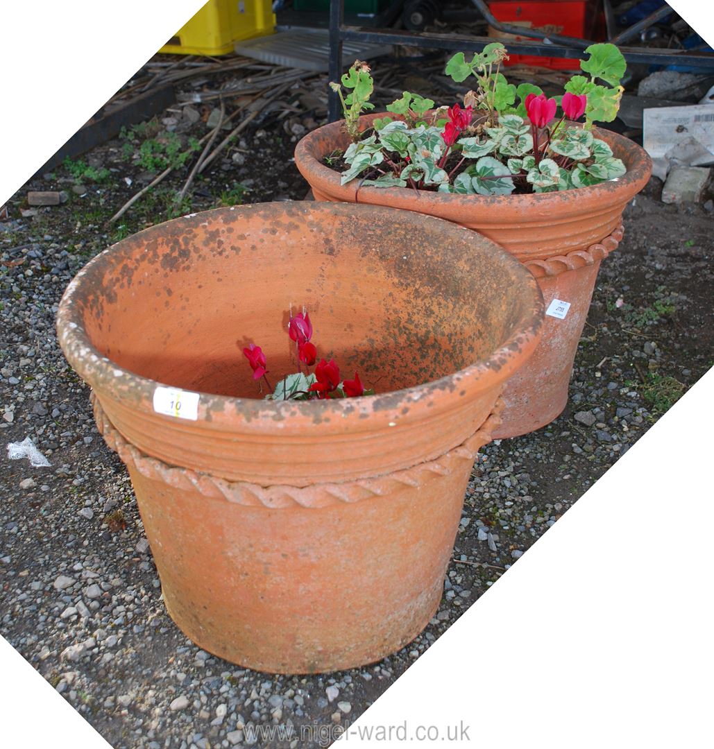 Two terracotta garden Pots with rope design,