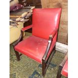 An elegant Mahogany framed open armed Armchair having maroon leatherette upholstering retained with