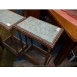 A pair of unusual occasional Tables/plant Stands having inset green veined marble type tops with