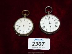Two Ladies Pocket Watches, both with Roman numerals and enamel faces, one stamped H.